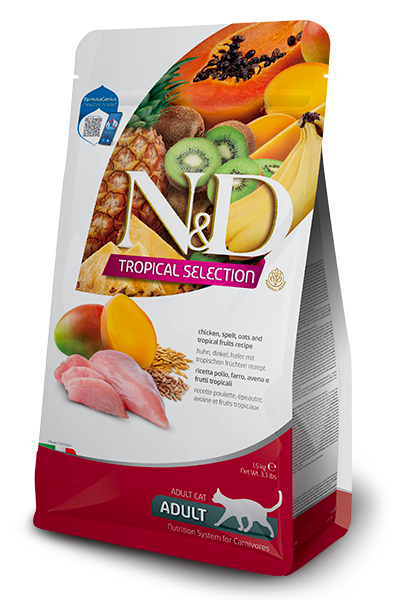 Farmina N&D Tropical Selection Ushqim i thate per mace adulte, me pule, frutat tropikale dhe tershere 1.5kg