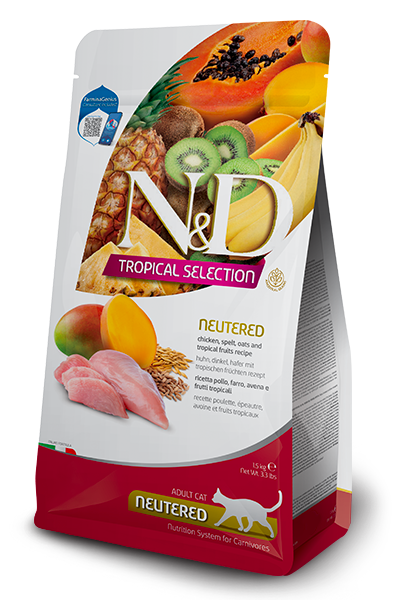 Farmina N&D Cat Tropical Selection Ushqim i thate per mace te rritura te sterilizuara, me pule, tershere dhe fruta tropikale 5kg