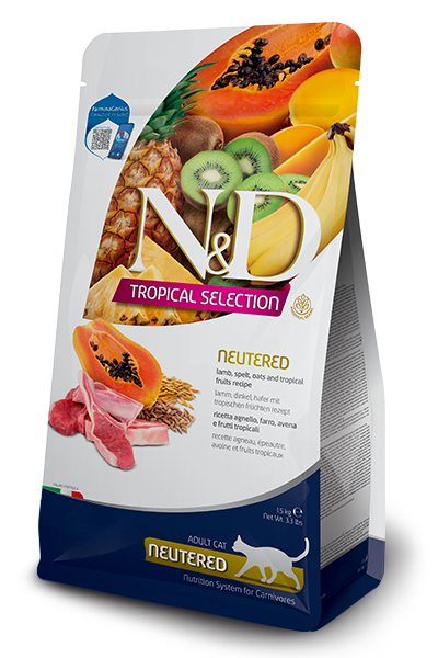 Farmina N&D Cat Tropical Selection Ushqim i thate per mace te rritura te sterilizuara me qengj, tershere dhe fruta tropikale 1.5kg