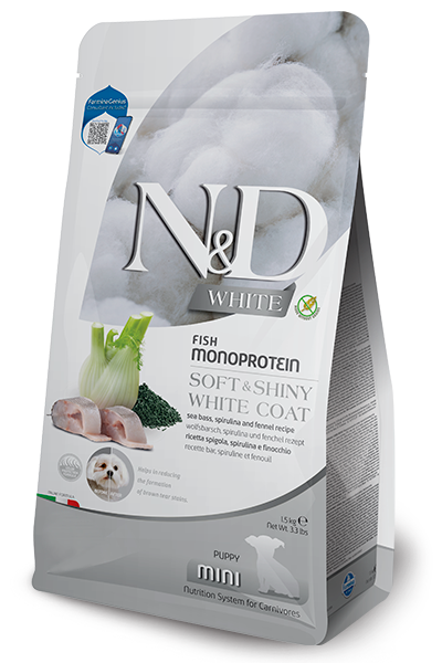 Farmina N&D White Grain-Free Ushqim i thate per kelyshe spirulina dhe finok 1.5kg