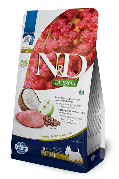 Farmina N&D Quinoa Grain Free Ushqim i thate per qen te moshuar mini me qengj, quinoa, molle jeshile dhe kokos 1.5kg