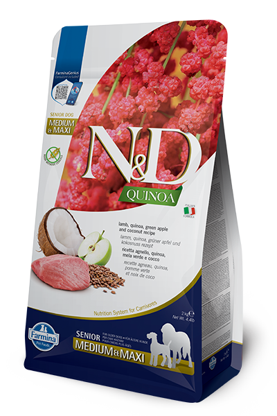 Farmina N&D Quinoa Ushqim i thate per qen te moshuar Med/Max me qengj, quinoa, molle jeshile dhe kokos 2kg