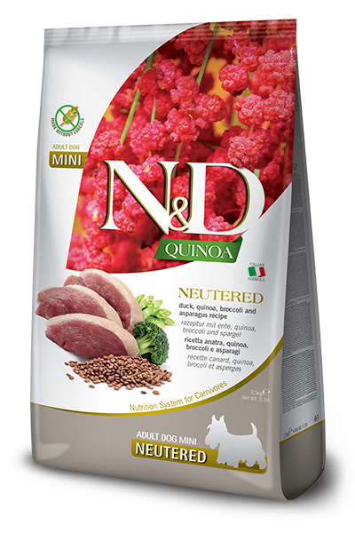 Farmina N&D Quinoa Ushqim i thate per qen adult te sterilizuar me patellxhan, quinoa, brokoli dhe asparag 2.5kg