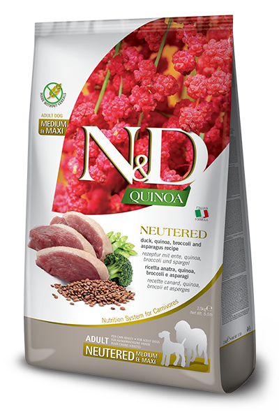 Farmina N&D Quinoa Ushqim i thate per qen adult Med/Max te sterilizuar me patellxhan, quinoa, brokoli dhe asparag 2.5kg
