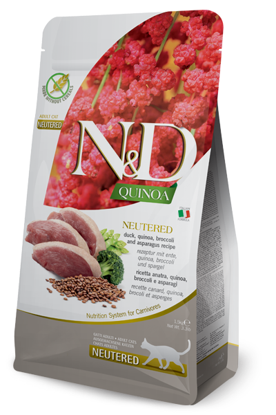 Farmina N&D Quinoa Neutered Ushqim i thate per mace adulte te sterilizuara me rose, quinoa, brokoli dhe asparag 300gr