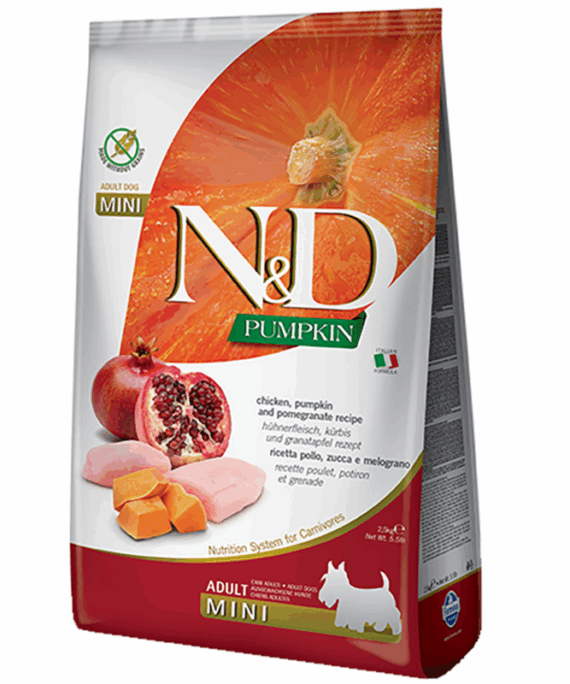 N&D për qen Adult Mini pa drithëra me shije pule, kungull & shegë 2,5 kg