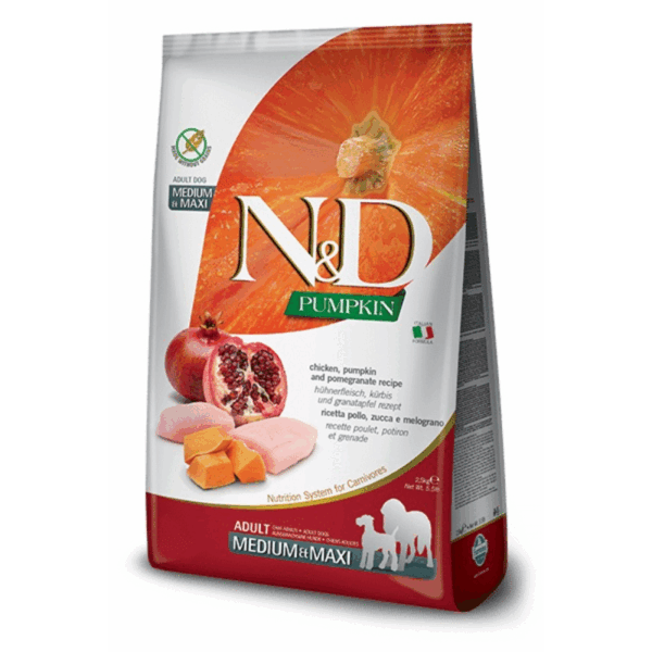 Farmina N&D Pumpkin Grain Free Adult Medium/Maxi me pule kungull & shegë 2,5 kg