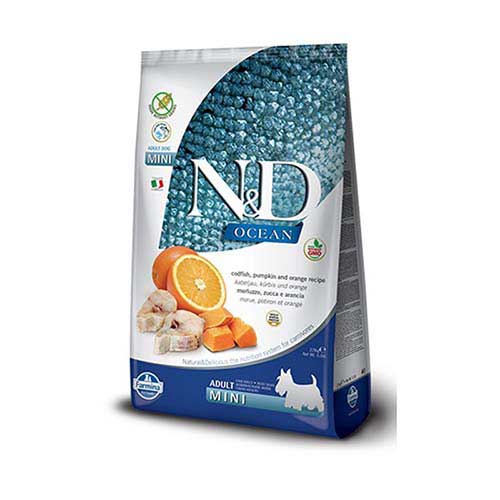 Farmina N&D Ocean Grain Free Ushqim i thate per qen adulte te racave te vogla, me merluc, kungull dhe portokall 800gr