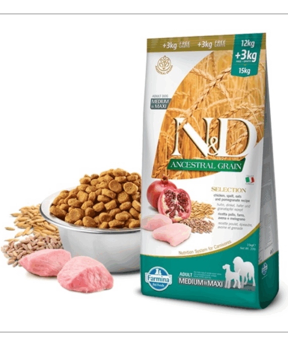 Farmina N&D Ancestral Grain Adult Medium/Maxi Pulë & Shegë 15 kg