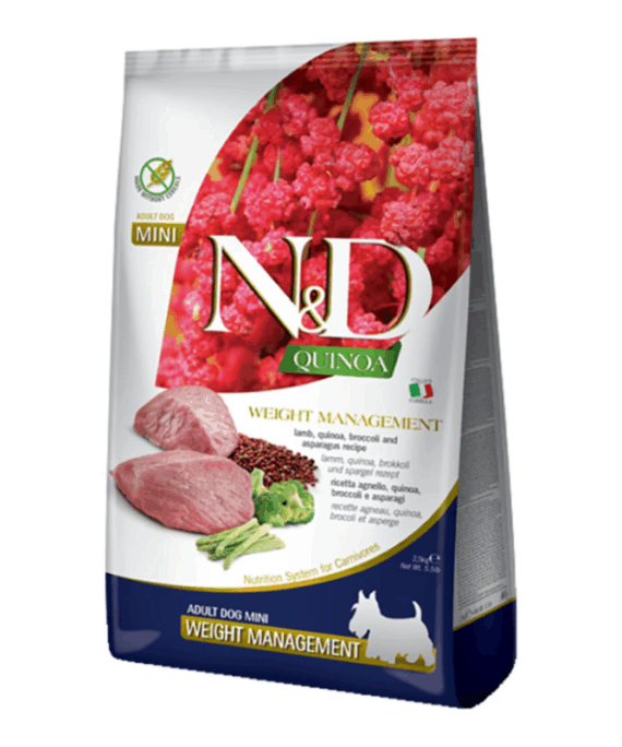 Farmina N&D Quinoa Ushqim i thate per qen adult per mbipeshe, me qengj, quinoa, brokoli dhe asparag 2.5kg