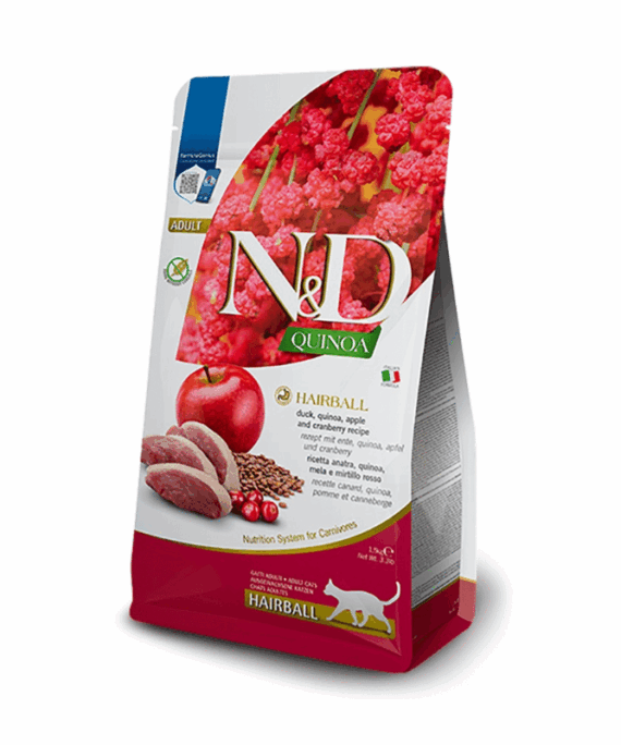 Farmina N&D Quinoa Hairball Ushqim i thate per mace te rritura me mish rose, quinoa, molle dhe boronice te kuqe 1.5kg