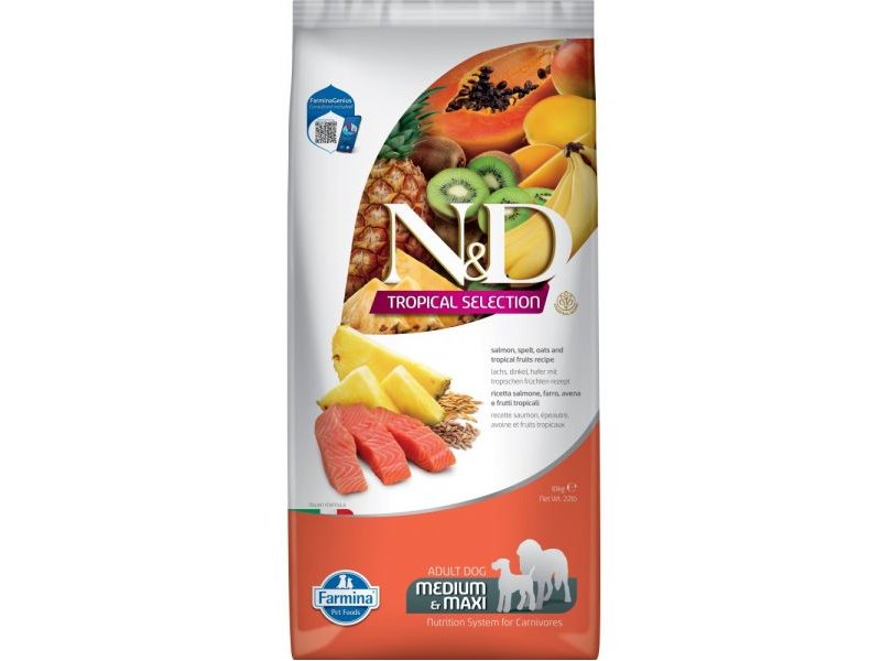 Farmina N&D Tropical Selection Ushqim i thate per qen adulte te racave mesatare dhe te medha, me salmon dhe fruta tropikale 10kg