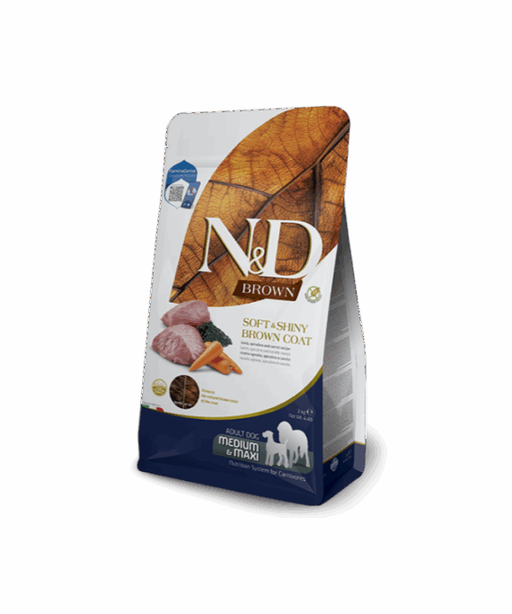 Farmina N&D Brown Ushqim i plote per qen adult Med/Maxi me Qengj, Karrote & Spirulina 2.5kg