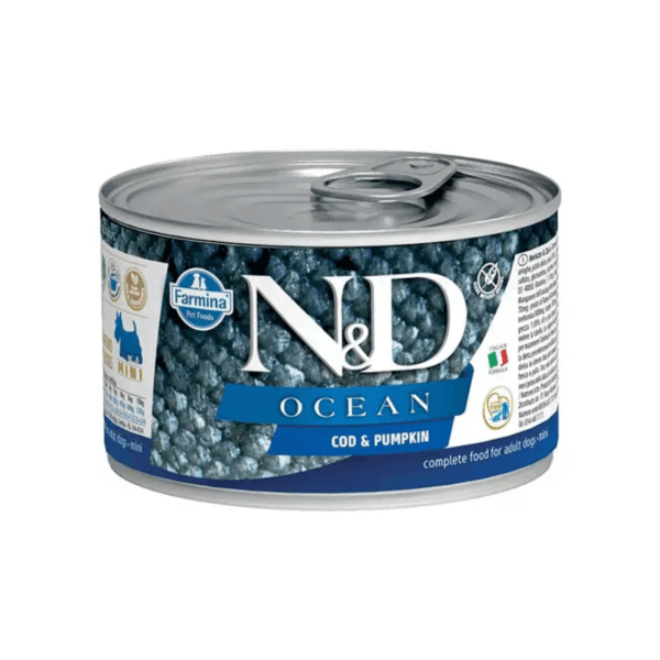 Farmina N&D Ocean Ushqim i lagesht per qen adult te racave te vogla, me merluc dhe kungull 140 gr
