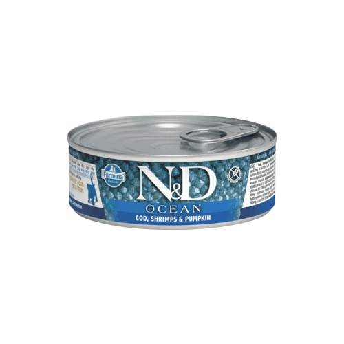 Farmina N&D Ocean Ushqim i lagesht per kotele me shije ton, merluc, karkalec & kungull 70 gr