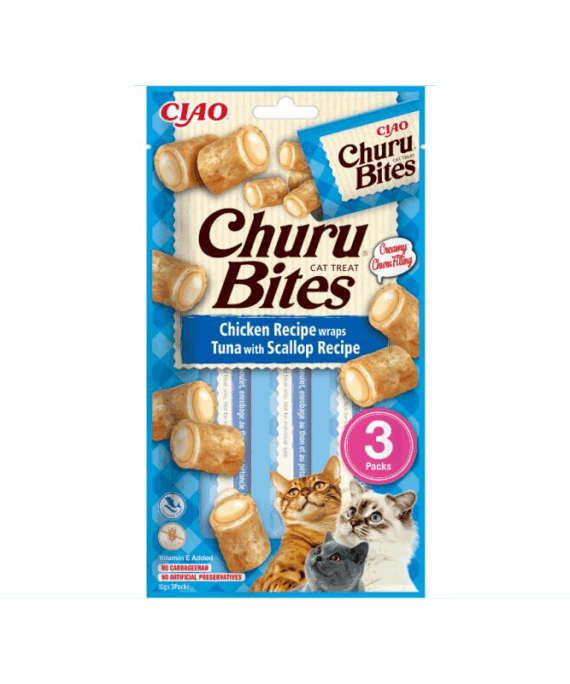 Churu Bites Snack per mace, me ton & skallop deti, i mbeshtjelle me pule