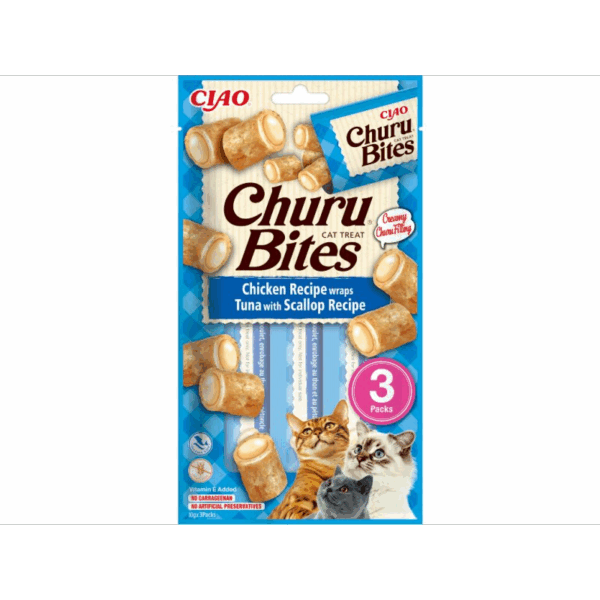 Churu Bites Snack per mace, me ton & skallop deti, i mbeshtjelle me pule