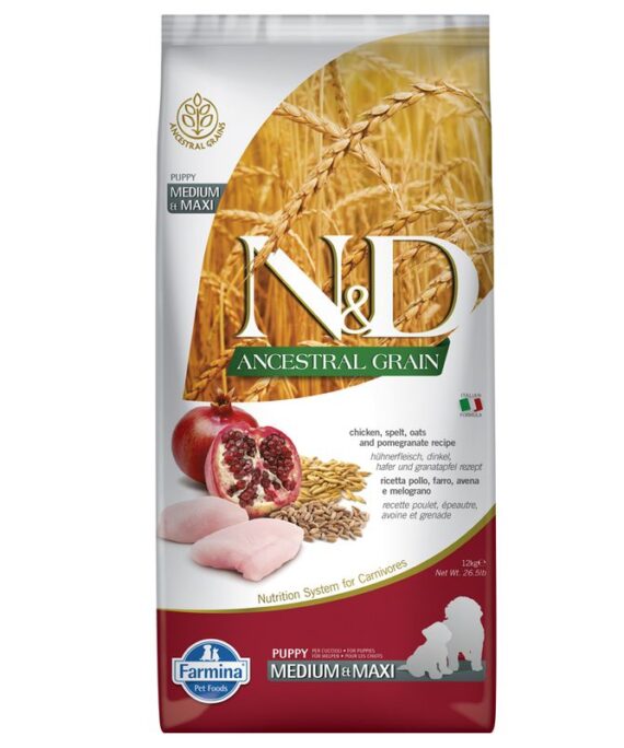 Farmina N&D Ancestral Grain Ushqim per kelyshe Med/Maxi me pule, tershere dhe shege12kg