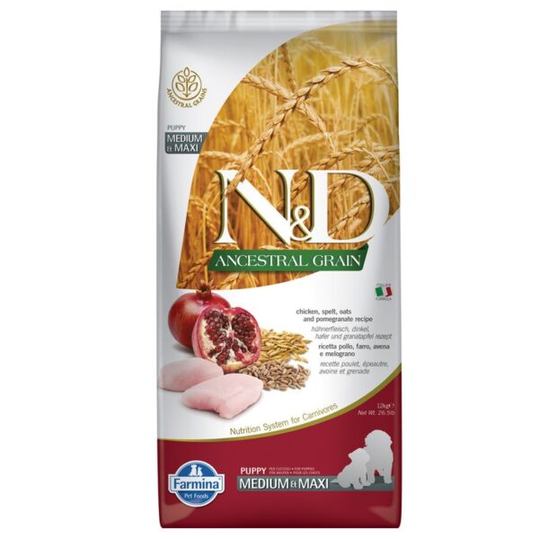 Farmina N&D Ancestral Grain Ushqim per kelyshe Med/Maxi me pule, tershere dhe shege12kg