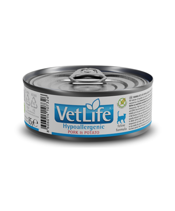 VetLife Hypoallergenic për mace me mish derri dhe patate 85 Gr