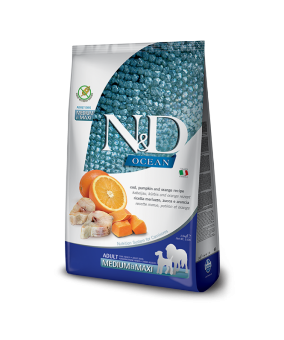 N&D Ocean per Qen Medium Maxi Merluce dhe Portokall 12 kg