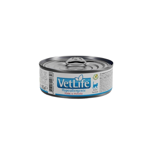 VetLife Hypoallergenic për mace me mish derri dhe patate 85 Gr