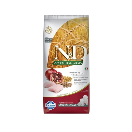 Farmina N&D Ancestral Grain Ushqim per kelyshe Med/Maxi me pule, tershere dhe shege12kg