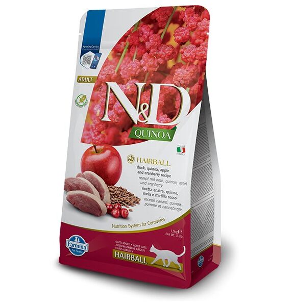 Farmina N&D Quinoa Hairball Ushqim i thate per mace te rritura me mish rose, quinoa, molle dhe boronice te kuqe 300gr