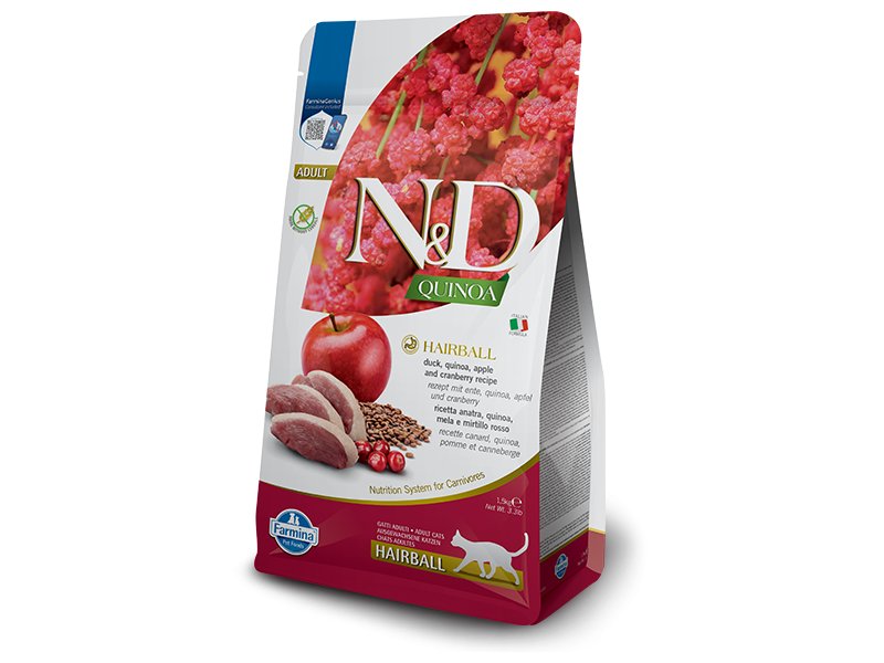 Farmina N&D Quinoa Hairball Ushqim i thate per mace te rritura me mish rose, quinoa, molle dhe boronice te kuqe 300gr