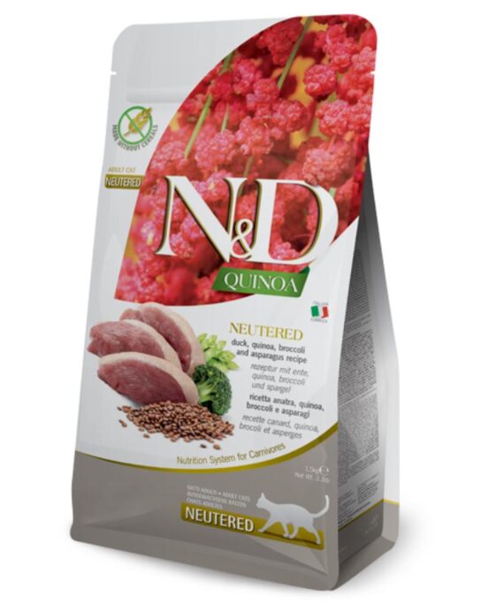 Farmina N&D Quinoa Ushqim i thate per mace te rritura te sterilizuara me mish rose, quinoa, brokoli dhe asparag1.5kg