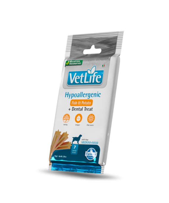 VetLife Treat per Qen Medium Maxi Hypoallergenic Peshk & Patate 110 gr